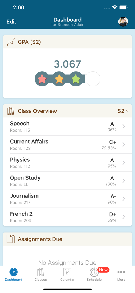 Screenshot of the PowerSchool Mobile app dashboard showing student GPA and class grades