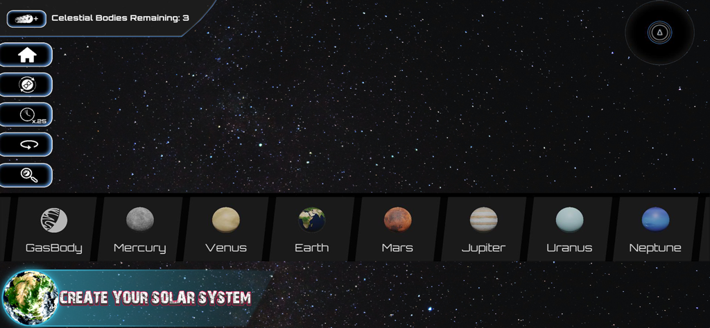 Universe Gravity Simulator 3D - Interface of Universe Gravity Simulator 3D showing a planet selection menu to create a custom solar system.