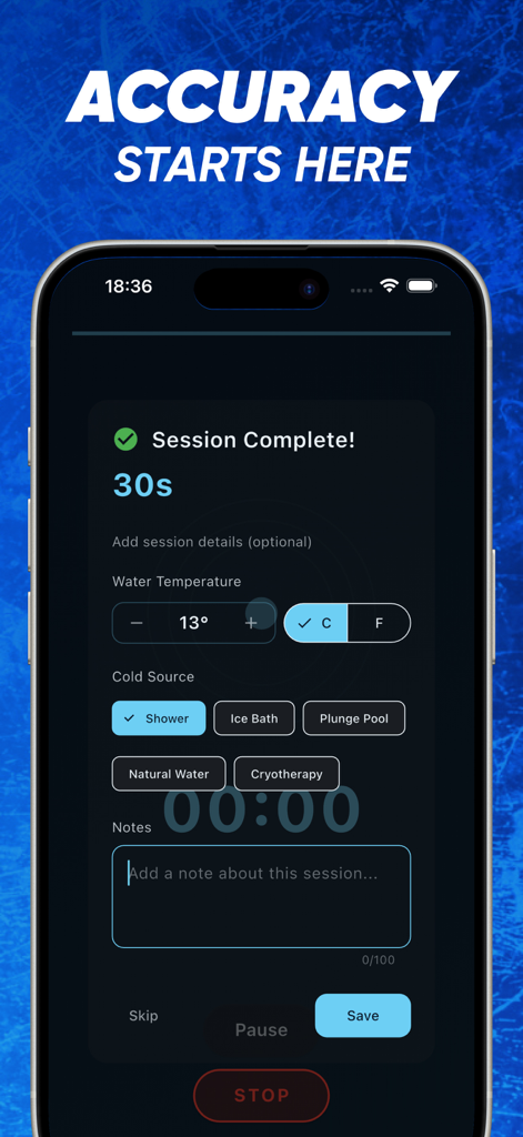 IceTimer: Cold Bath - IceTimer app screen for recording cold session details like duration and water temperature.