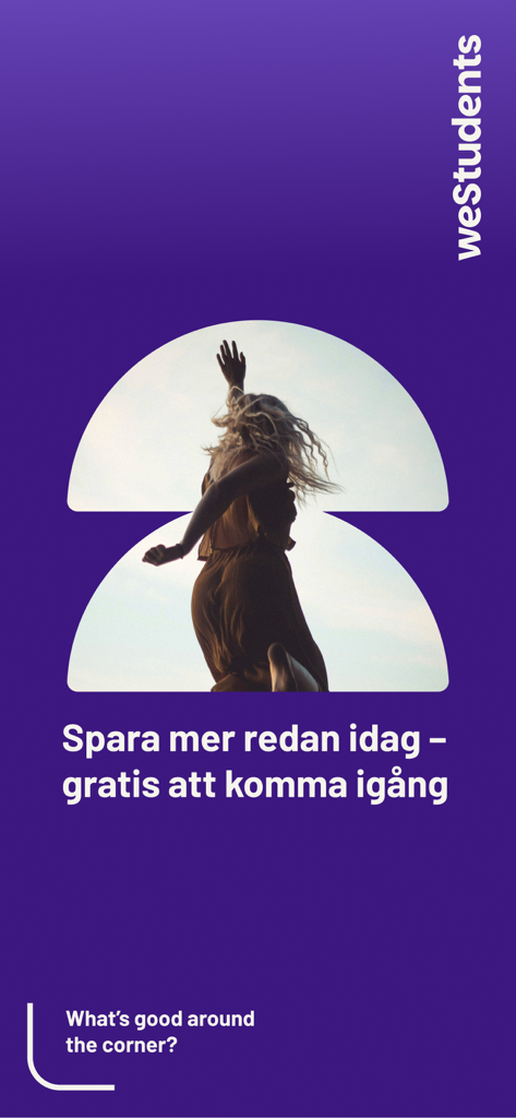 Schermata di benvenuto dell'app weStudents con una silhouette di studente e testo sul risparmio di denaro