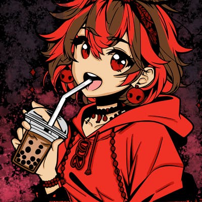hot baddie anime girl drinking boba and biting the straw