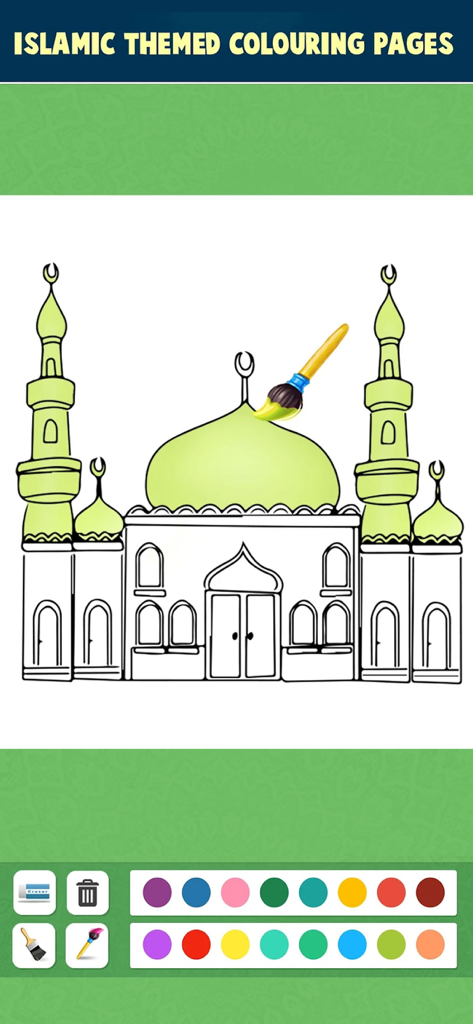 Muslim Education - Islam Games - A digital coloring page featuring a mosque illustration with a color palette and painting tools for kids