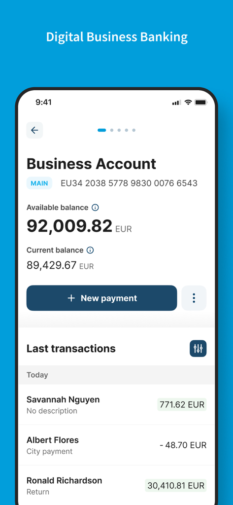 United Nations Debit Card - United Nations Debit Card app business account screen showing available balance and transaction history.
