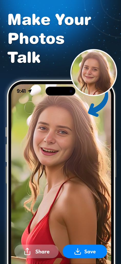 FunSwap: Ai Face Swap Videos - Una pantalla de smartphone que muestra la interfaz de la aplicación FunSwap destacando la función Haz que tus fotos hablen con un retrato animado de una mujer sonriente