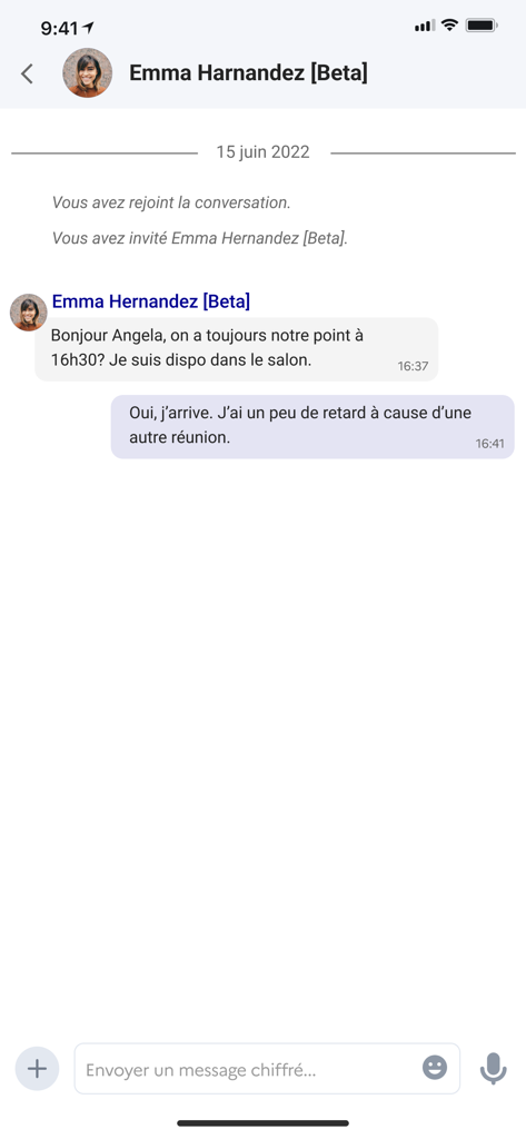 Interface of the Tchap secure messaging app showing an encrypted chat conversation between two users