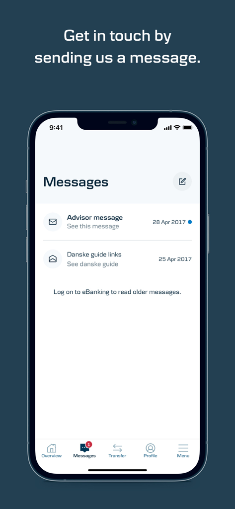 Pantalla de mensajes seguros en la aplicación de banca móvil Danske Bank que muestra conversaciones con asesores.