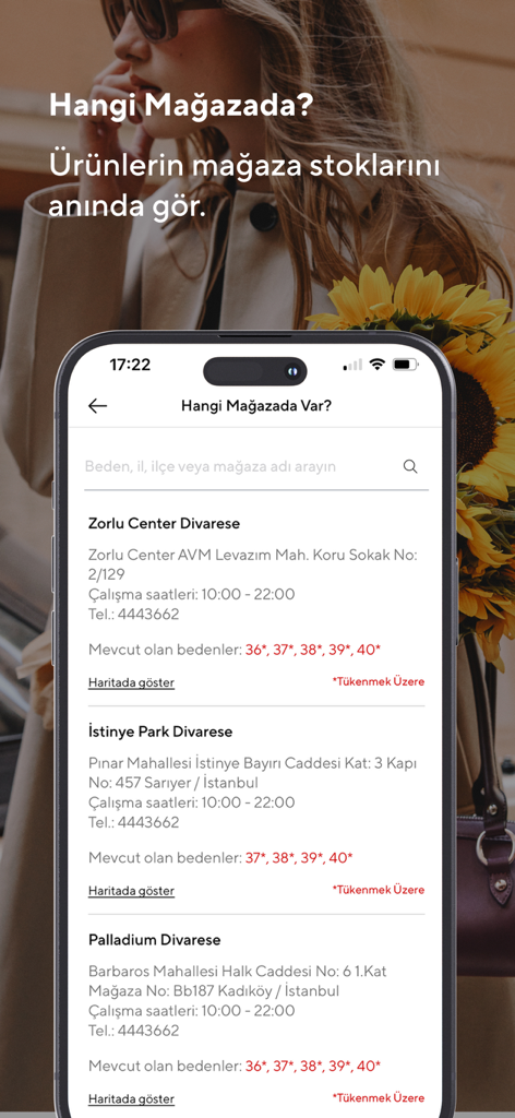 Divarese app interface showing in-store availability and size stock for premium footwear.