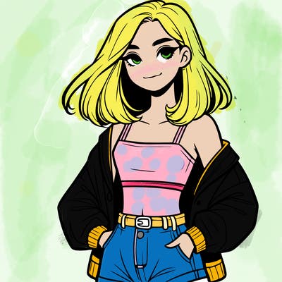 a realistic girl with a crop top and short shorts in an open jacket