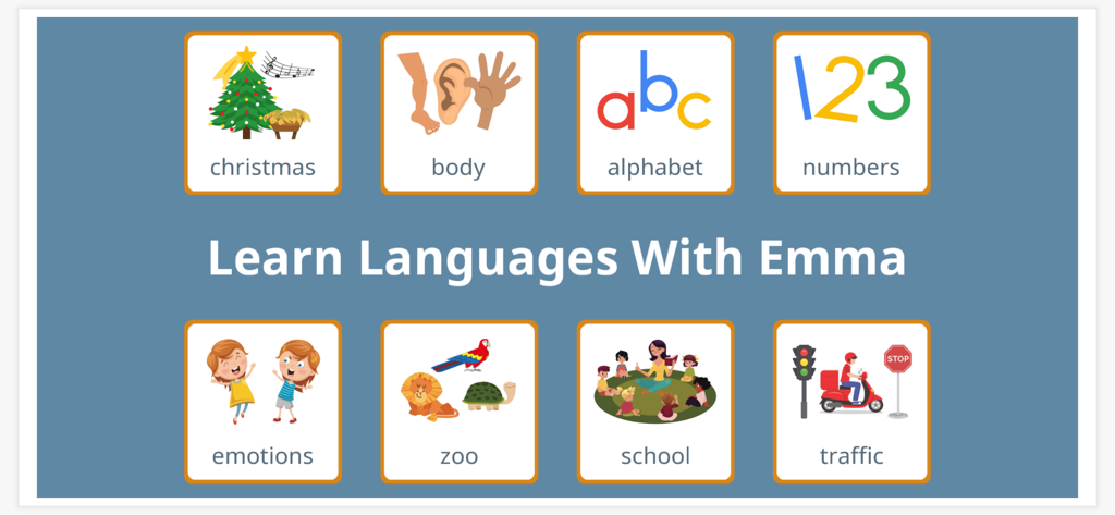 Learn Languages With Emma - Una pantalla de menú que muestra varios temas de aprendizaje educativo como abecedario, números y zoológico para niños en la aplicación Learn Languages With Emma.