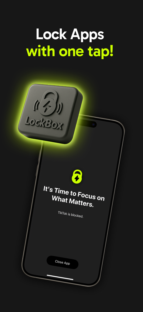 LockBox- Screentime Tool - Sensor físico do LockBox e tela do smartphone mostrando uma notificação de aplicativo bloqueado para foco