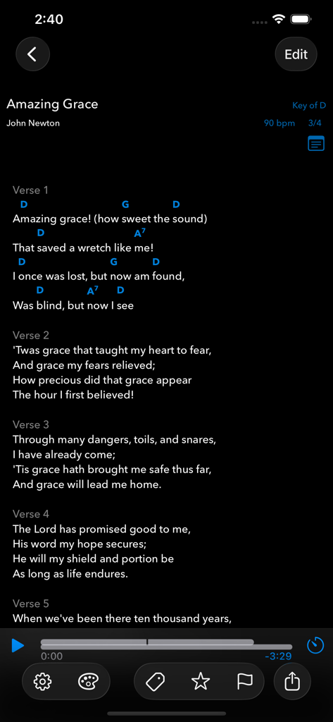 SongSheet Pro School Edition - Pantalla de gráfico de acordes digital para la canción Amazing Grace mostrando la letra con notaciones de acordes azules y controles de reproducción de música.