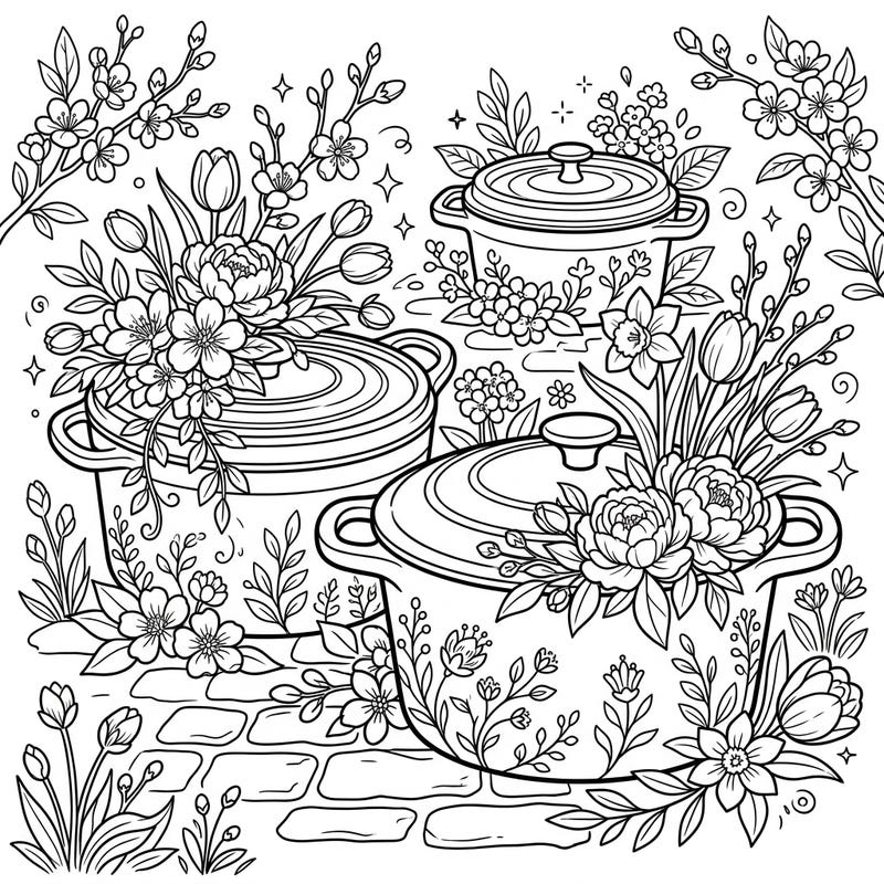 Celebrate the season of renewal with this charming coloring page featuring classic Dutch ovens adorned with a vibrant array of spring flowers. Immerse yourself in a world of floral beauty and culinary inspiration as you bring this delightful scene to life with your favorite colors.