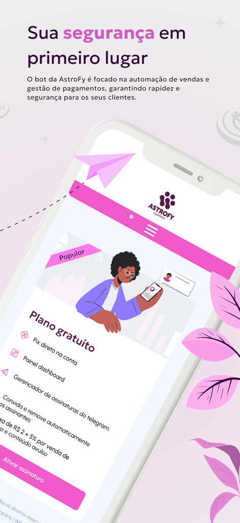 Astrofy - Interface do aplicativo móvel Astrofy exibindo recursos de gerenciamento de comunidade Telegram e um painel de plano gratuito.