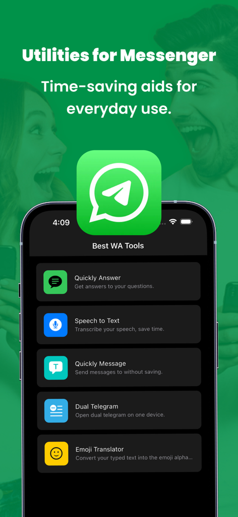 Interface of the Dual Messenger app showing messaging utility tools like Speech to Text and Dual Telegram