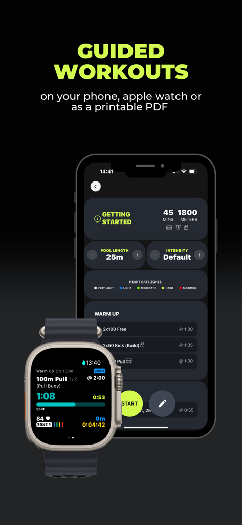 DuoSwim guided workouts displayed on a smartphone and Apple Watch interface