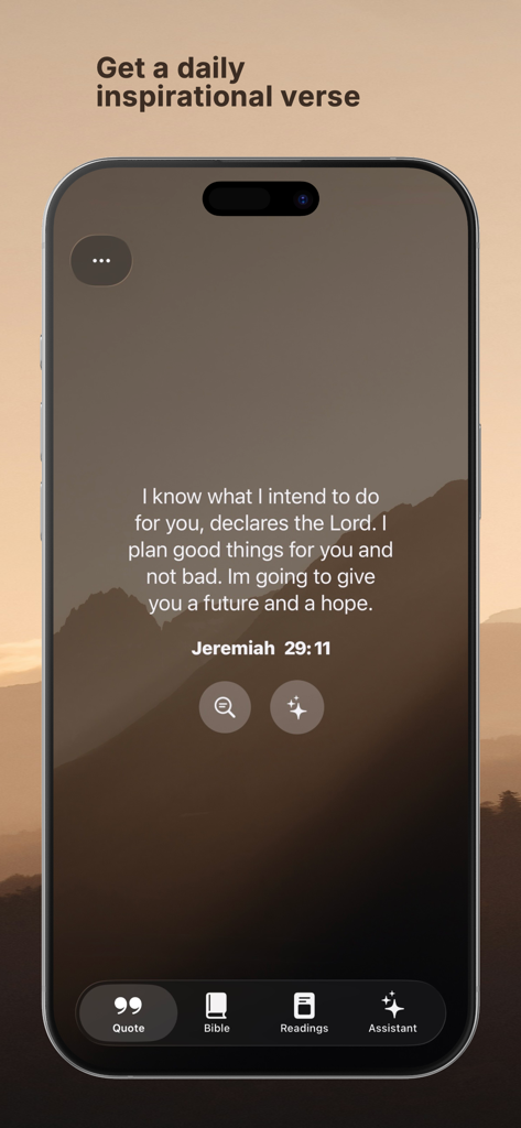Écran de smartphone affichant un verset biblique quotidien inspirant de l'application Bible AI.