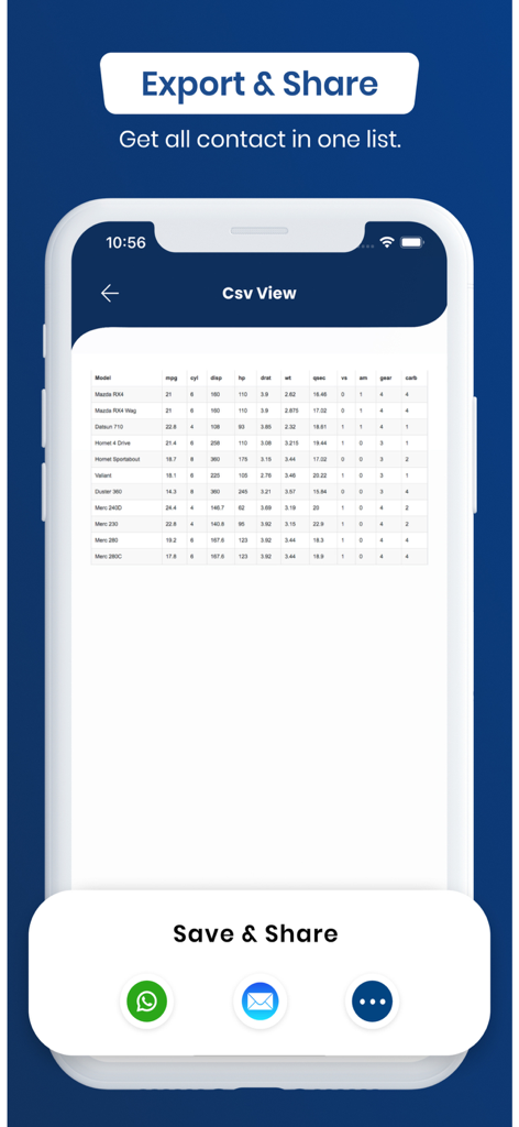 A smartphone display showing a CSV table of scanned contacts with export and share options via email and WhatsApp.