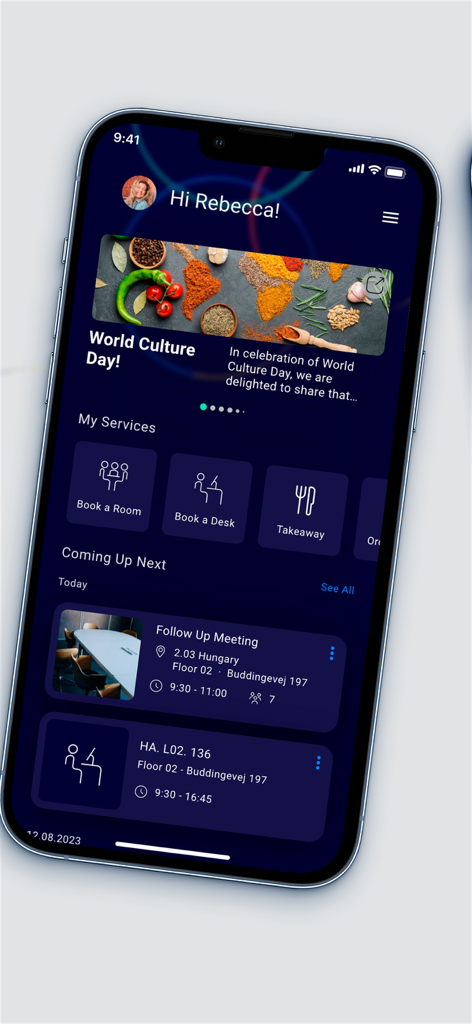 Convenie by ISS app dashboard for booking office spaces and viewing schedules