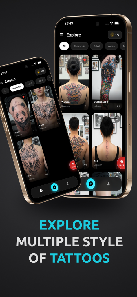 Zwei Smartphones, die eine Vielzahl von Tattoo-Stilen anzeigen, darunter geometrische und traditionelle Designs in einer App-Oberfläche.