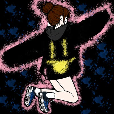 realistic girl jumping with a bun and oversized sweatshirt