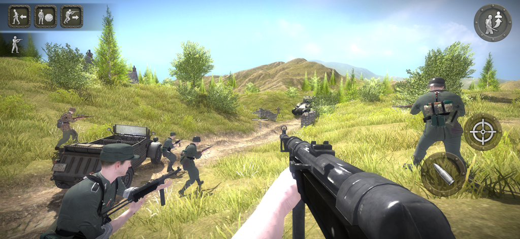 Battlefront Europe: WW2 Heroes - Vista en primera persona de un campo de batalla de la Segunda Guerra Mundial con soldados de infantería y un tanque