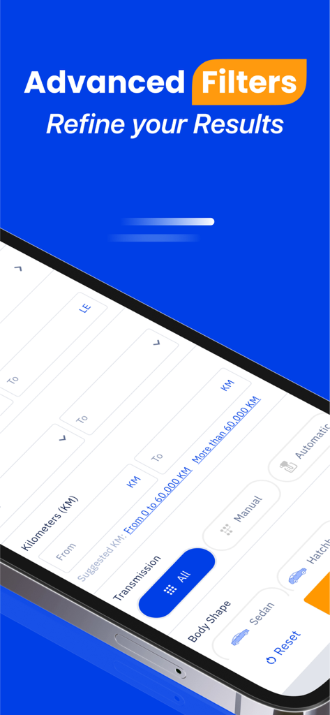 ContactCars: Buy & Sell Cars - キロメートル、トランスミッション、ボディ形状で車両の結果を絞り込むためのContactCarsアプリの高度な検索フィルター