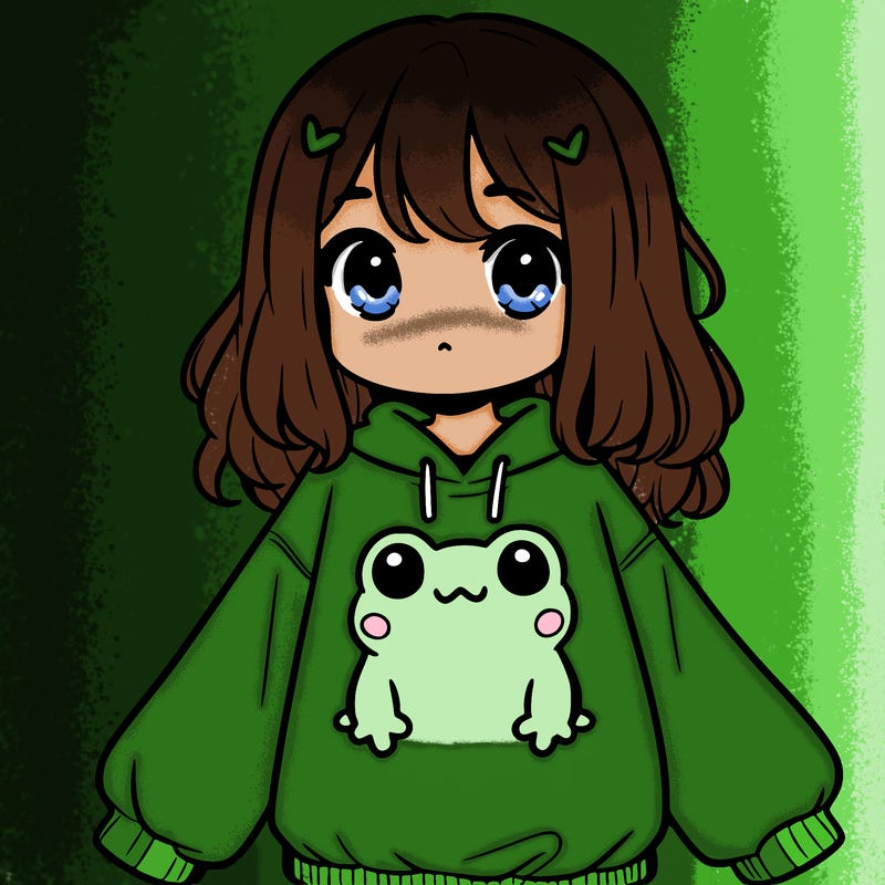 girl wearing frogging sweatshirt