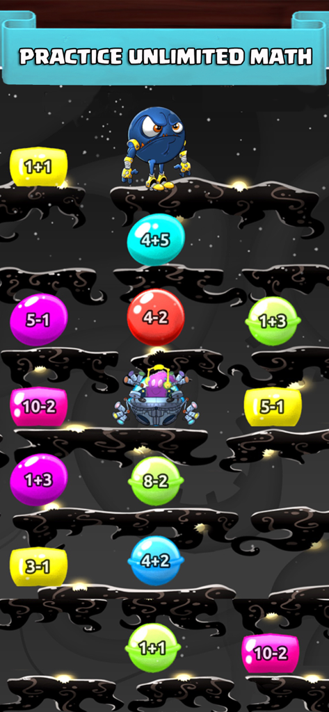 Math Duel: 2 Player Kids Games - Math Duel game screen with monsters and colorful bubbles containing addition and subtraction problems