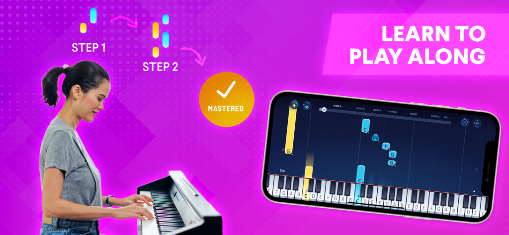 A woman practicing piano while using the OnlinePianist app on a smartphone showing falling notes