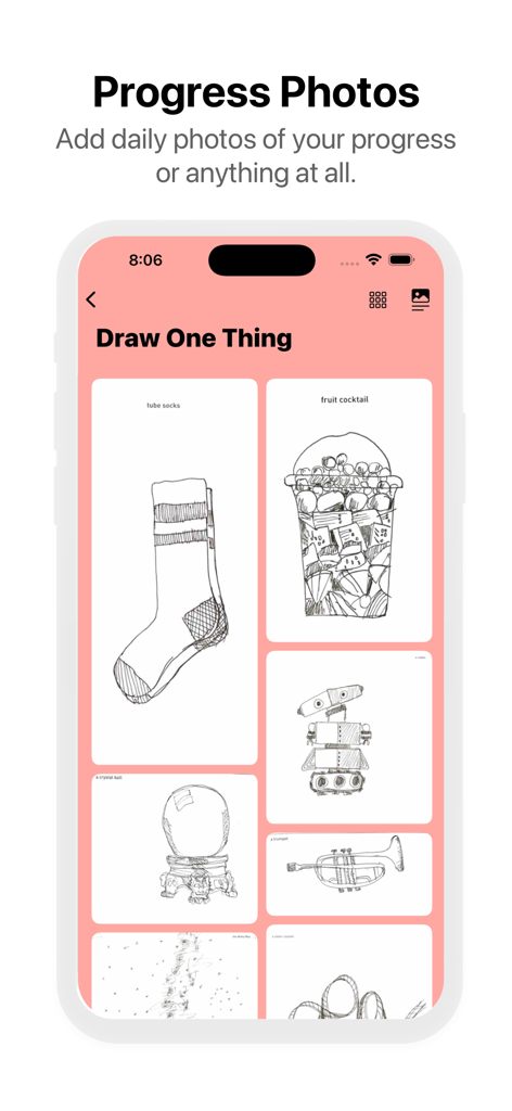 90 Day Challenge : Day by Day - Visual progress gallery showing daily sketches in the 90 Day Challenge app.