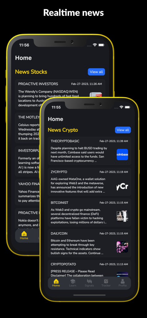 Aplicativo móvel Signalbyt exibindo feeds de notícias financeiras em tempo real para mercados de ações e criptomoedas.