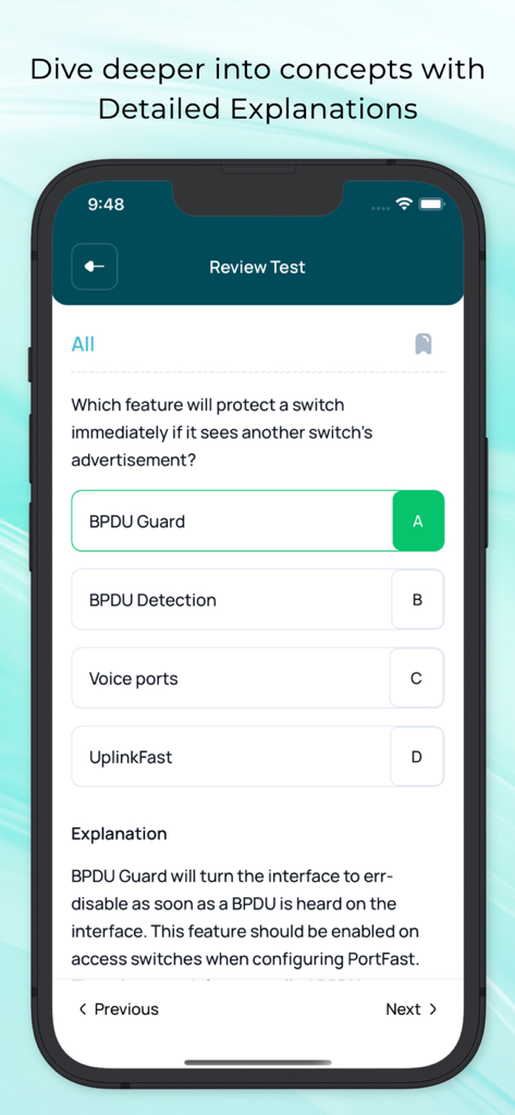 Aplicación de preparación de exámenes CCNA y CCNP que muestra una pregunta de examen de revisión con una explicación detallada