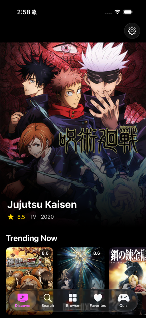 AniPocket - Discover Anime - AniPocket app interface displaying trending anime titles like Jujutsu Kaisen in dark mode.