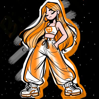 girl in baggy pants crop top and long hair