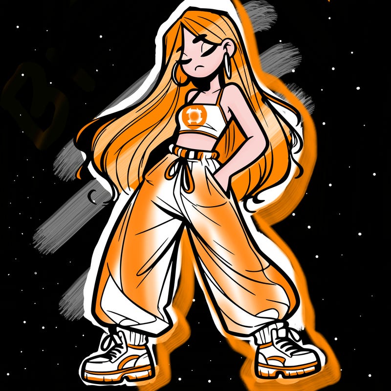 girl in baggy pants crop top and long hair