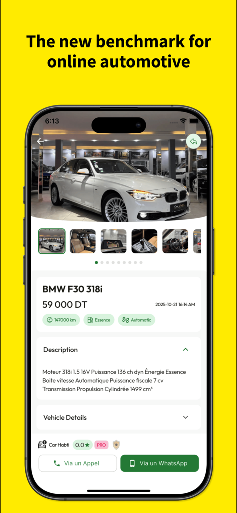 scout car - A mobile interface of the Scout Car app showing detailed information for a white BMW vehicle listing including price and technical specs.