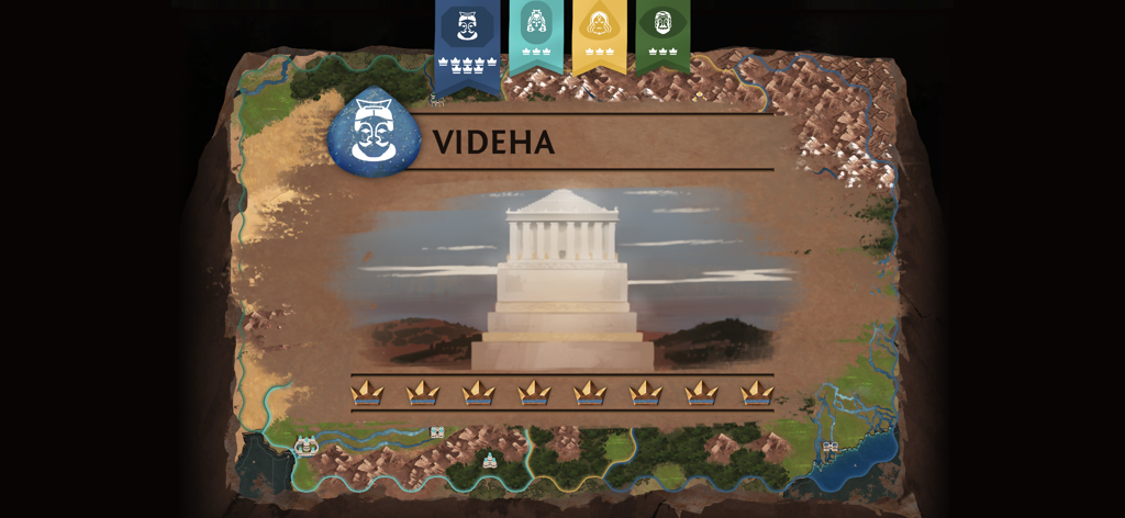 Ozymandias - A gameplay screenshot from Ozymandias showing the Videha empire interface with a monument illustration and crown icons over a hex map