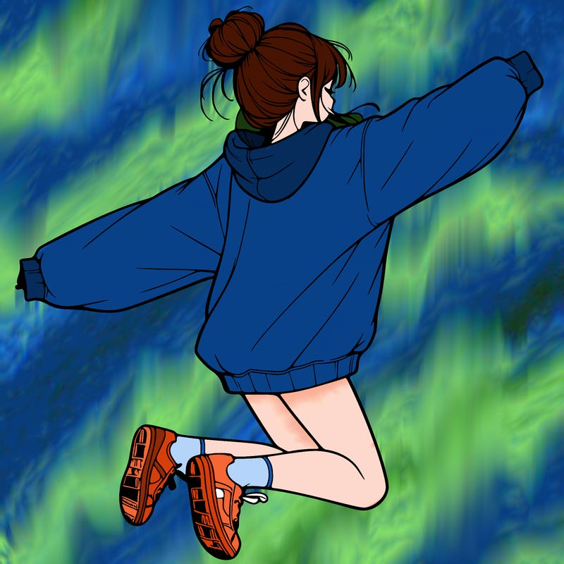 realistic girl jumping with a bun and oversized sweatshirt