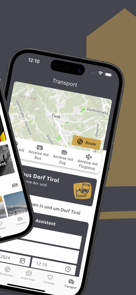 Dorf Tirol - Official App - Dorf Tirolアプリの交通インターフェース。地域地図とバス、列車、飛行機の移動オプションが表示されます。