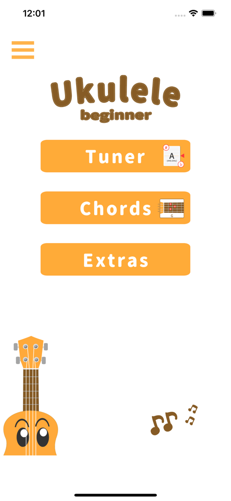 Main menu screen of the Ukulele Tuner and Chords app showing Tuner and Chords buttons with a friendly design