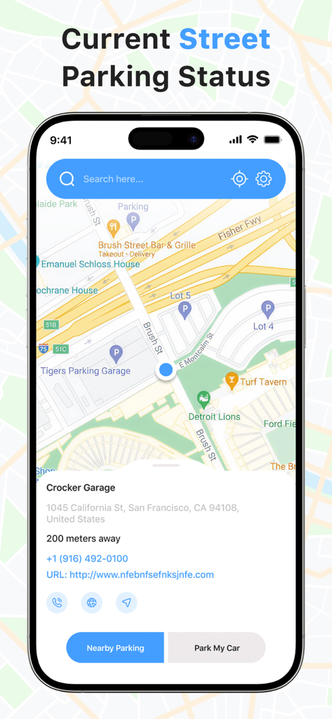 Interface do aplicativo Parking Point mostrando status de estacionamento de rua em tempo real e localização de garagem em um mapa