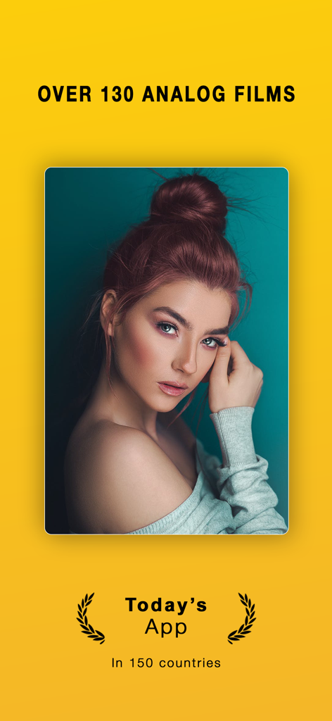 I Love Film app screenshot showcasing professional analog film grain filters on a portrait photo with an award for Today's App in 150 countries.