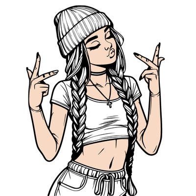 realistic teenage girl with braids and a beanie and crop top doing 🫶🏼