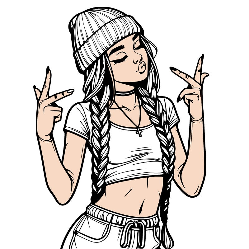 realistic teenage girl with braids and a beanie and crop top doing 🫶🏼