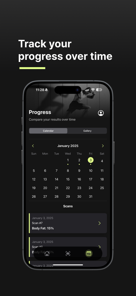 trackBod - AI Body Scan - trackBod app interface showing a calendar view for tracking body fat percentage and fitness scan history over time.