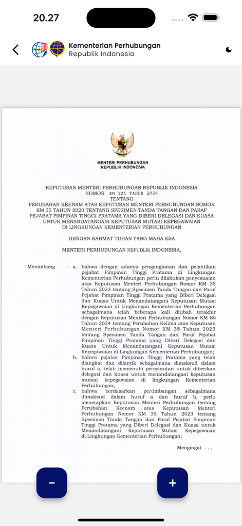 JDIH Kemenhub RI - Viewing an official transportation decree from the Indonesian Ministry of Transportation in the JDIH Kemenhub RI app