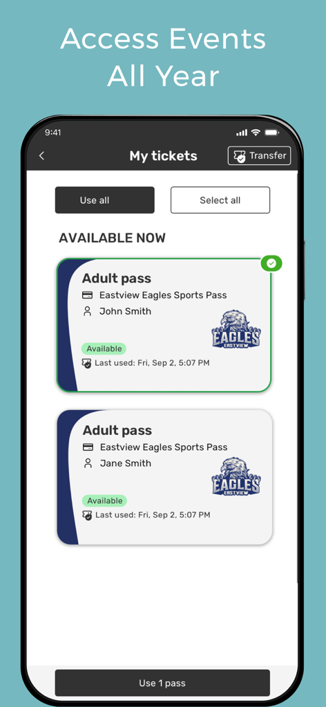 GoFan: Buy Tickets to Events - GoFan app interface showing digital adult sports passes for a school sports team