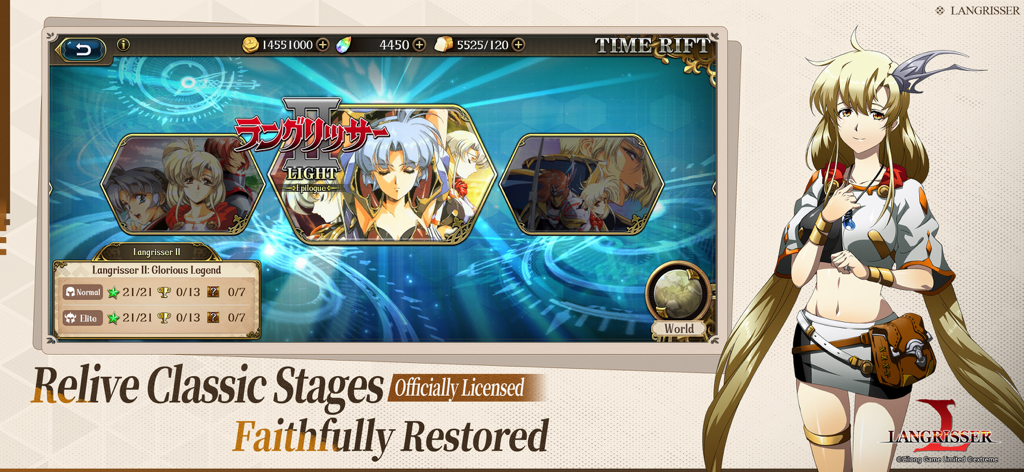 Langrisser game menu for reliving faithfully restored classic stages with an anime character illustration.