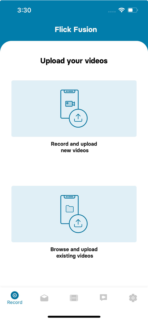 VidCom - VidCom app interface showing options to record new videos or upload existing ones from a mobile device