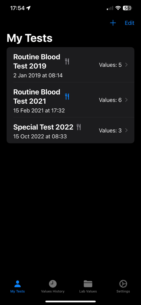 Lab Tracker - List of blood test results and medical records in the Lab Tracker app